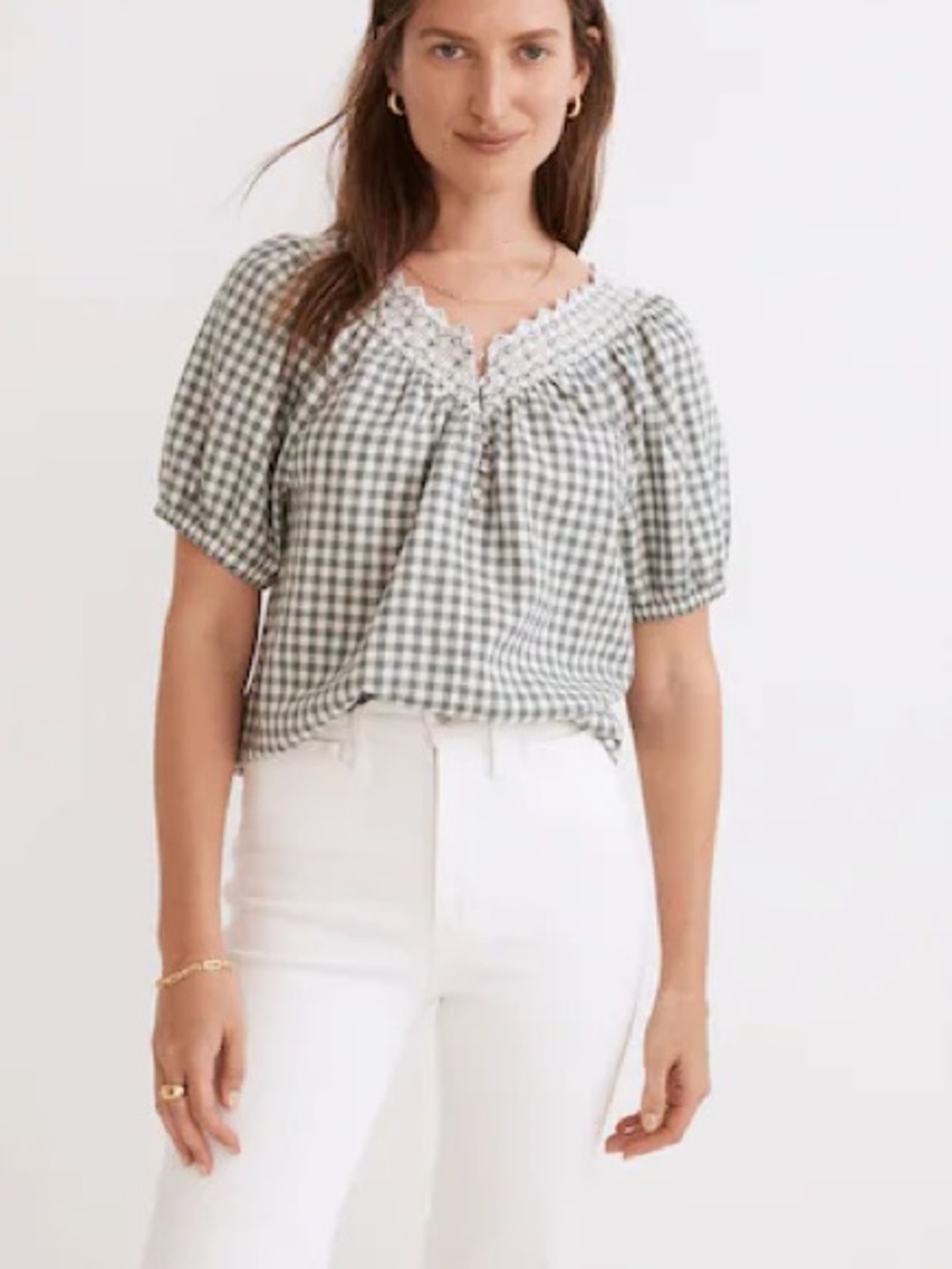 Madewell Green Gingham Linen Blend Eyelet Lace Trim Blouse Size XS